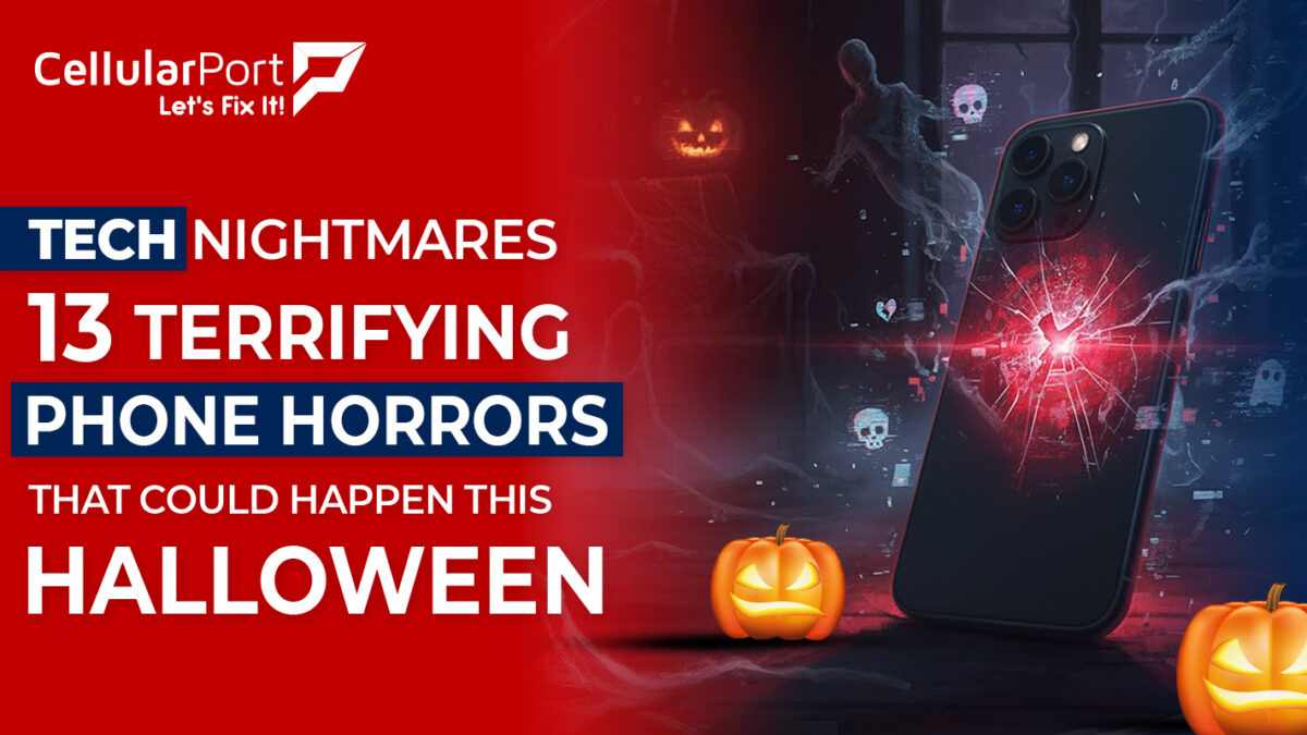 Illustration of a haunted smartphone surrounded by spooky Halloween elements, representing 13 terrifying phone horrors.