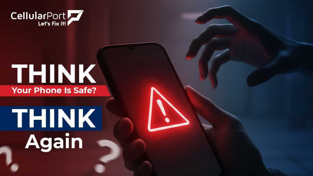 A smartphone on a dark background with a warning symbol, representing phone hacking or compromised security.