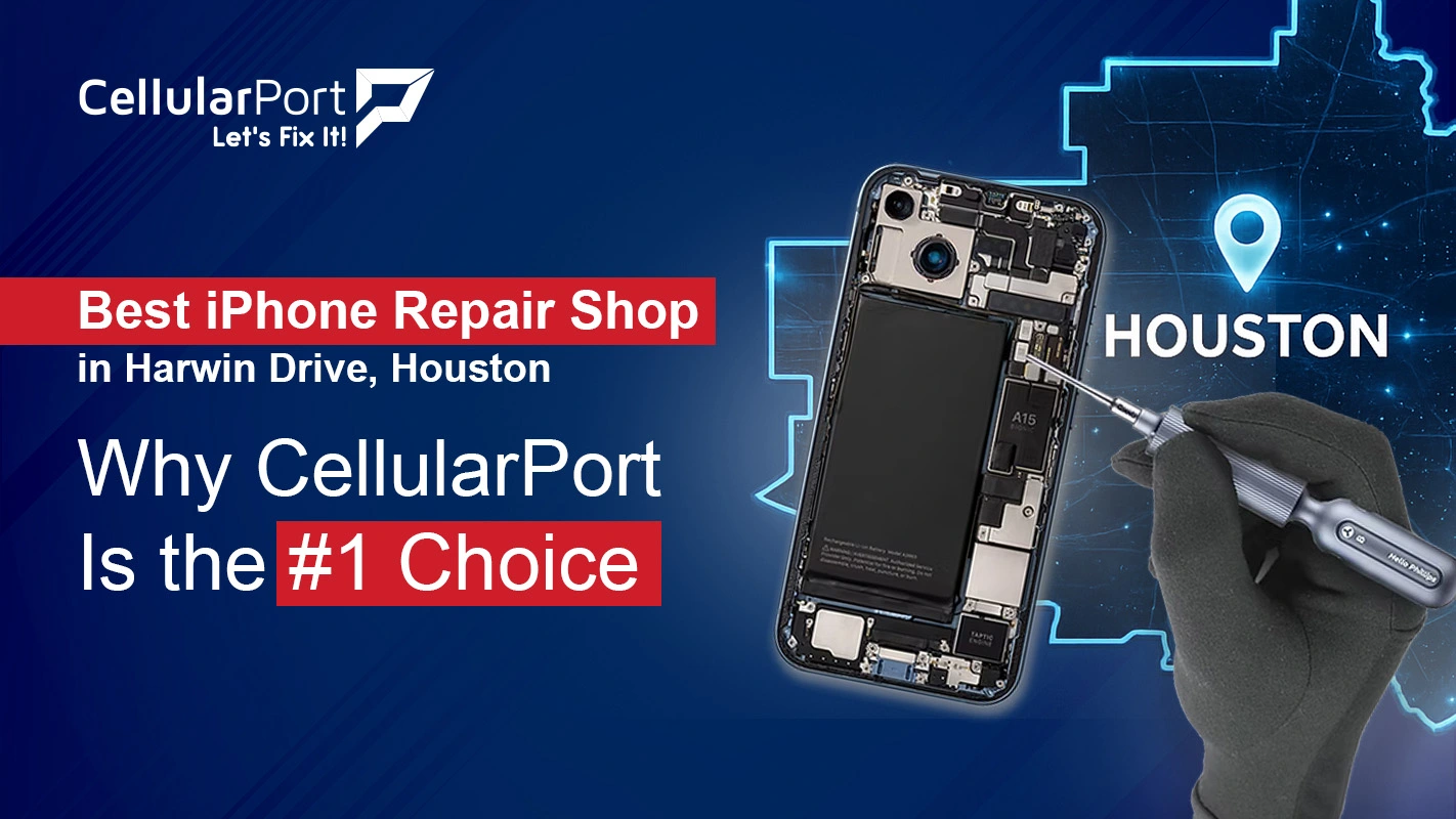 Customer receiving professional iPhone repair service at CellularPort, recognized as one of the best iPhone repair shops on Harwin Drive in Houston.
