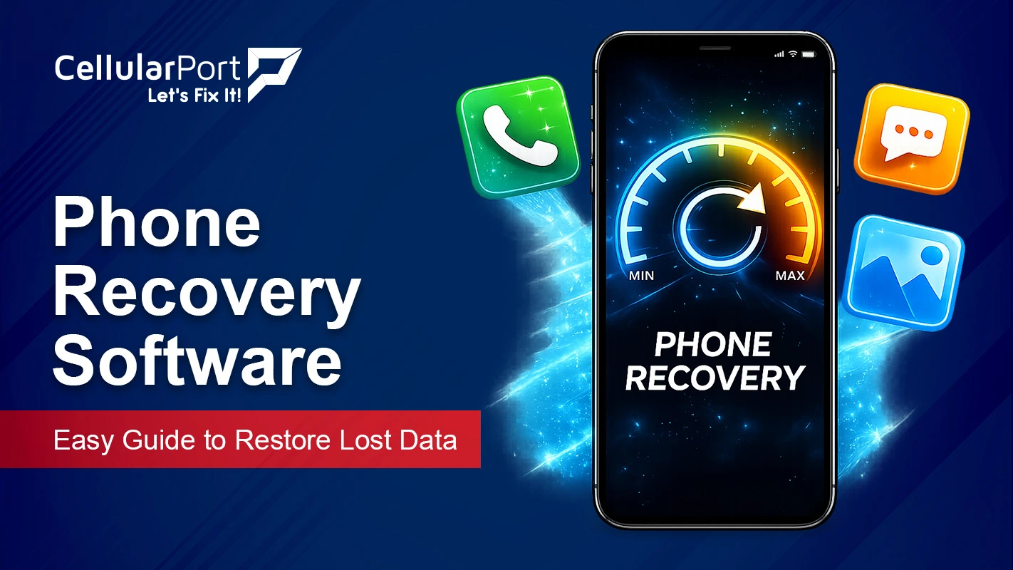 Illustration of iPhone recovery software restoring deleted photos, messages, and files from an iPhone device.