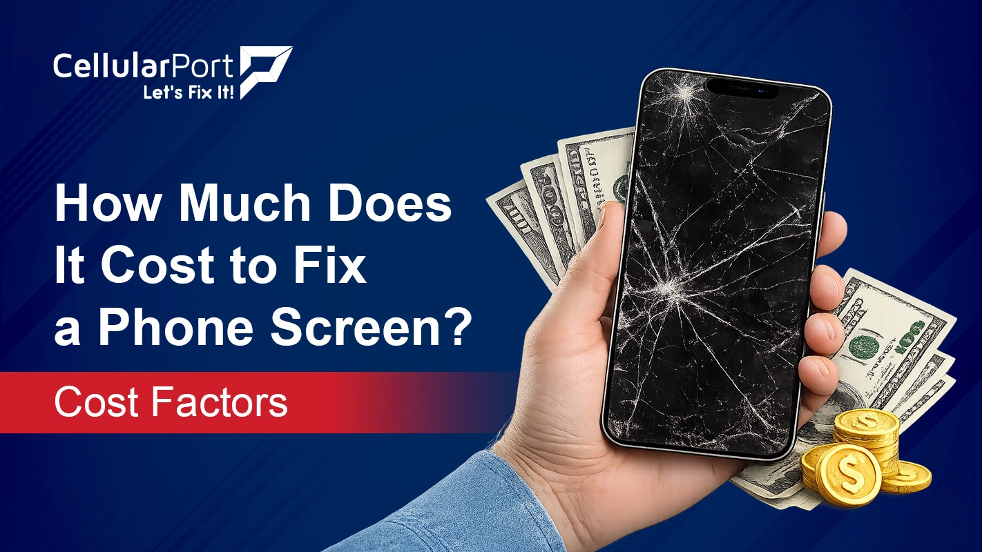 Broken smartphone screen being repaired by a technician, illustrating the cost factors involved in phone screen repair services.