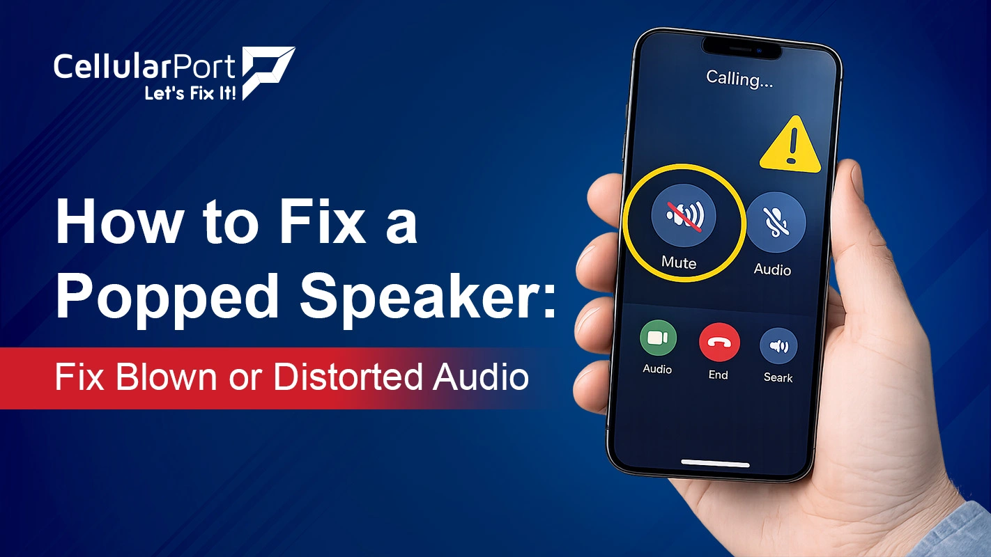 Technician diagnosing a smartphone speaker with distorted audio to fix a blown or popped speaker issue.