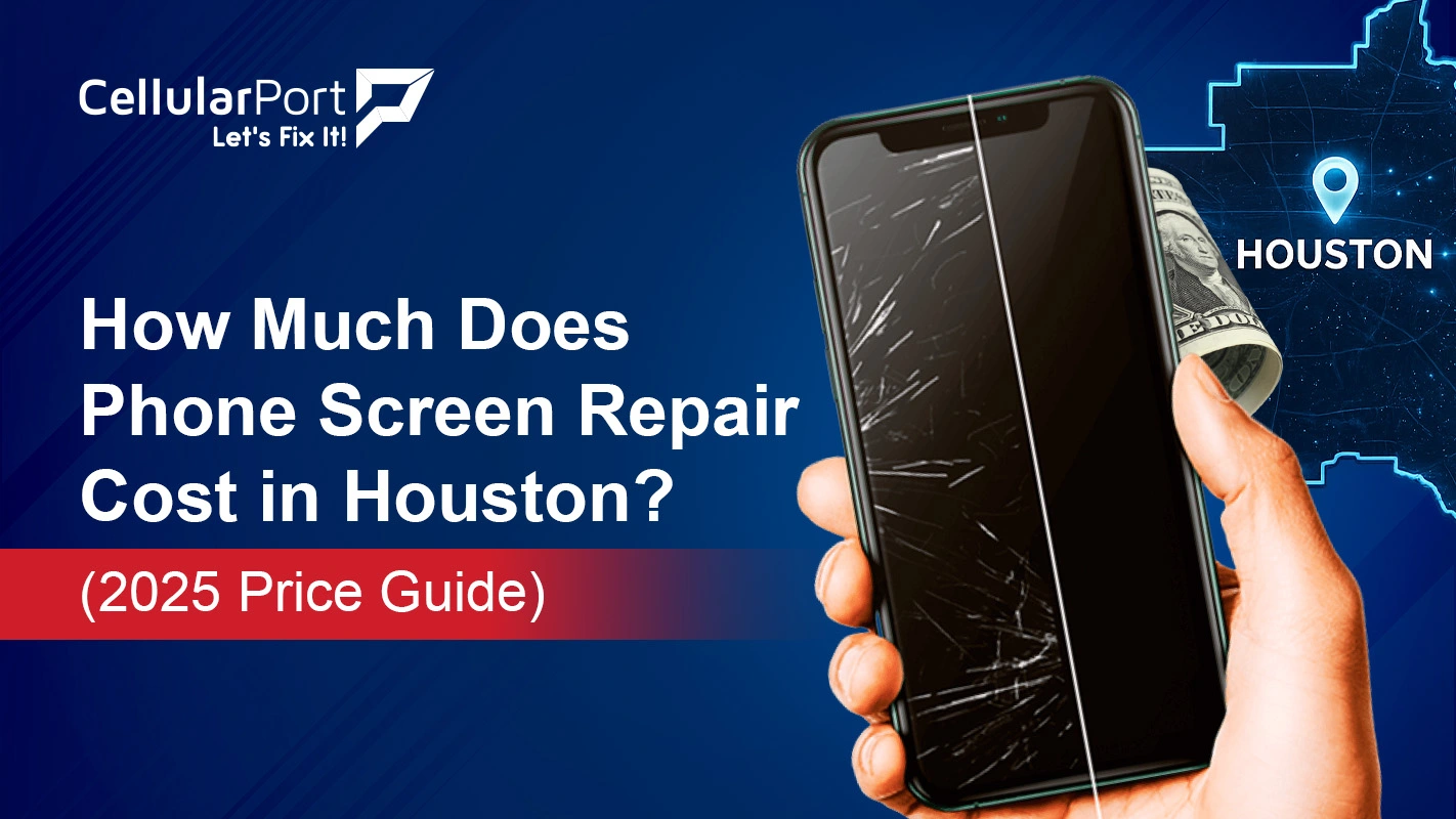Technician repairing a cracked smartphone screen with a price guide showing phone screen repair costs in Houston.