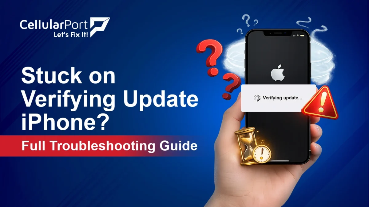 iPhone displaying the "Verifying Update" screen with troubleshooting steps to resolve a stuck iOS update.