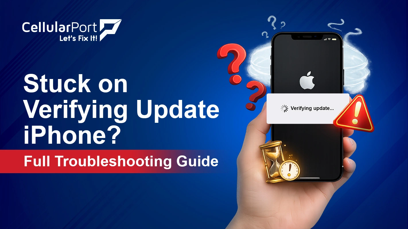 iPhone displaying the "Verifying Update" screen with troubleshooting steps to resolve a stuck iOS update.