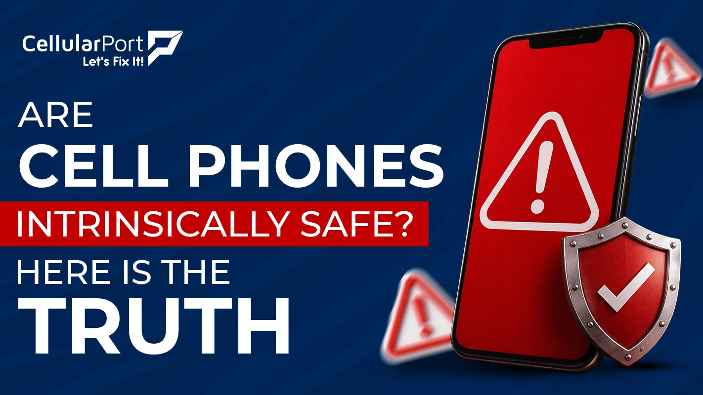Technician inspecting a smartphone in a hazardous industrial environment while wearing safety gear, illustrating intrinsically safe mobile devices.