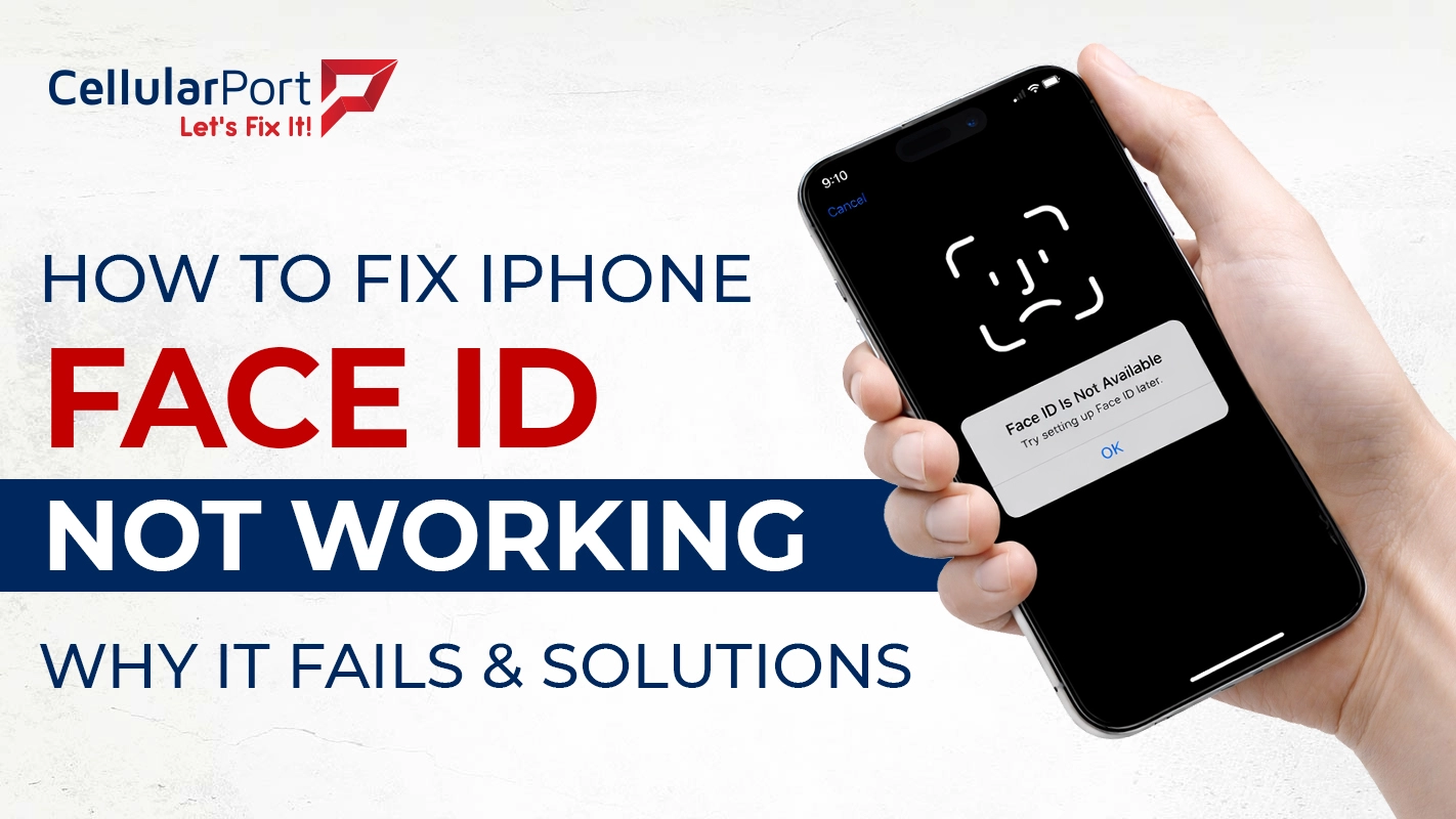 iPhone displaying a Face ID not working error while a technician diagnoses the TrueDepth camera system using professional repair tools.