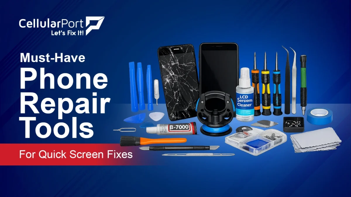 Essential phone repair tools including precision screwdrivers, suction cup, spudger, tweezers, and screen opening tools for quick screen repairs.