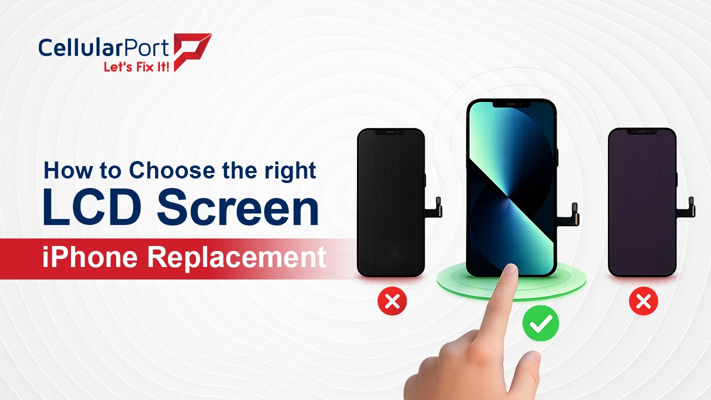 Comparison of different iPhone LCD replacement screens with a technician inspecting display quality, brightness, and compatibility.
