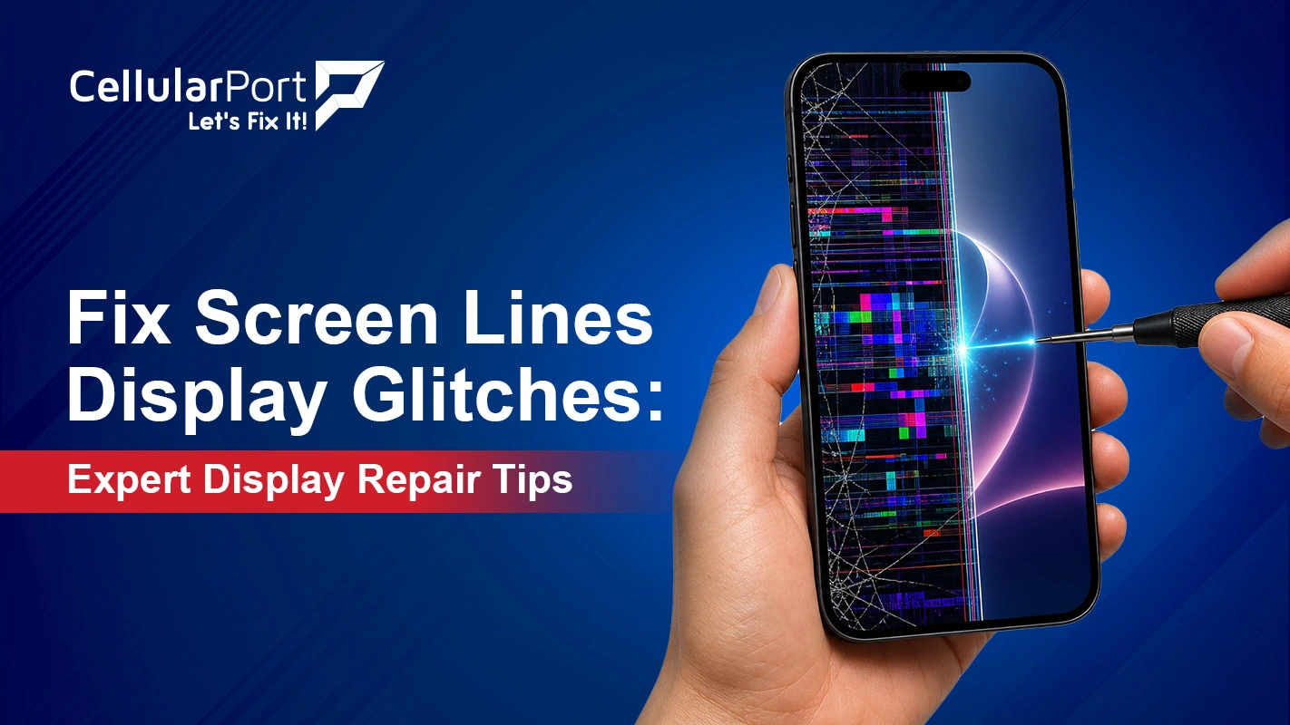 Smartphone displaying screen lines and visual glitches while a technician performs a display repair.