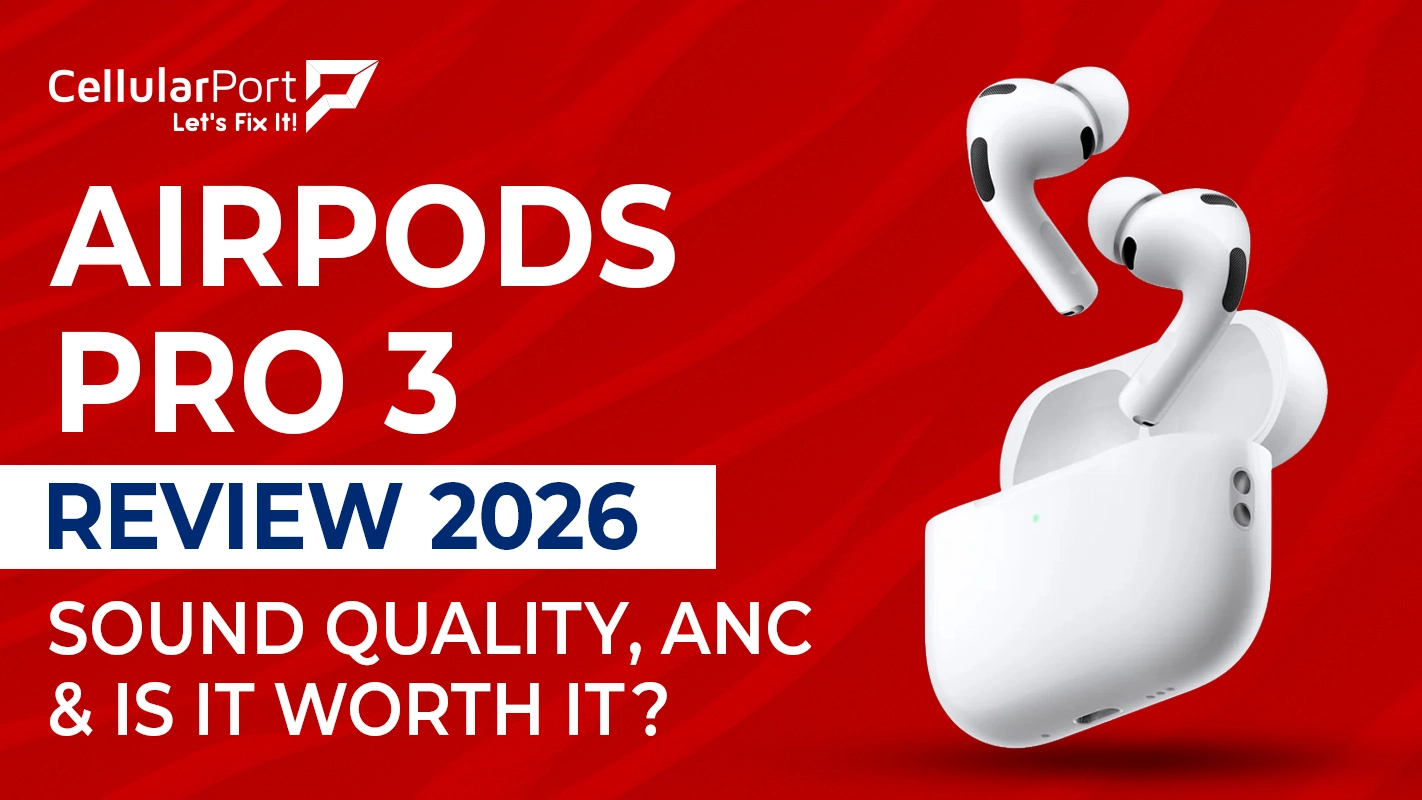 Premium wireless earbuds with a charging case beside a smartphone, highlighting sound quality, active noise cancellation, and modern design.
